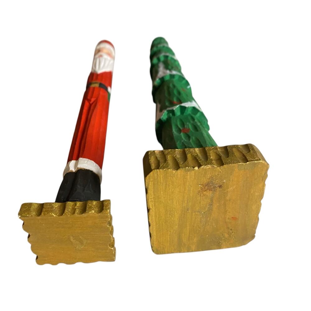 Vintage Hand Carved Wooden Pencil Skinny Santa Claus and Christmas Tree Figurine - Picture 13 of 14